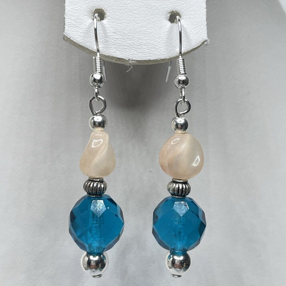 Artisan Blue Crystal Glass Light Peach Lucite Beaded Dangle Earrings Silver Tone